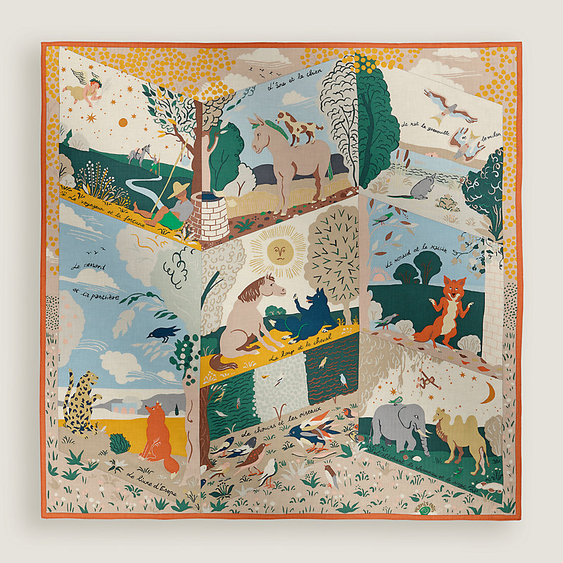 新品同様品 25SS エルメス イソップ物語 カレ140 カレジェアン スカーフ カレジェアン カシミアシルク 《イソップ物語》 - ベージュ | Hermès